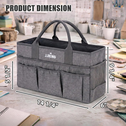 JJRING Large Art Supply Storage Tote Bag With 2 Mesh Side Pockets & Front Elastic Pockets – Sturdy Craft Organizer Caddy with Reinforced Bottom For Sewing, Scrapbooking, Teachers & Artists(Green) | Breathable Material