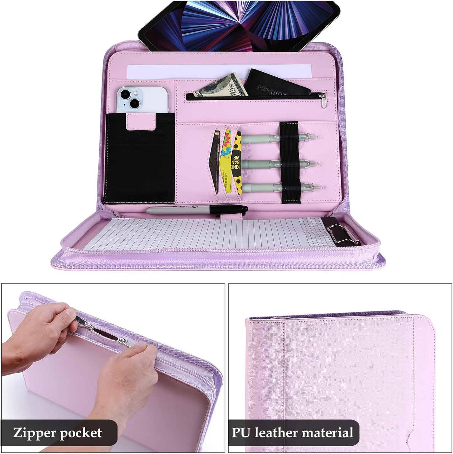 ProCase Portfolio Business Padfolio Folder with Zipper, Conference Meeting Executive File Legal Document Organizer with Pockets Letter Size A4 Writing Pad Notepad Padfolio -Black