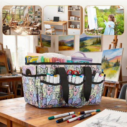 Craft Organizer Tote Bag, Art Organizer, Craft Caddy with Multiple Pockets, Storage Bag for Sewing Tools, Art Supplies, Home and Office (Cat Print)
