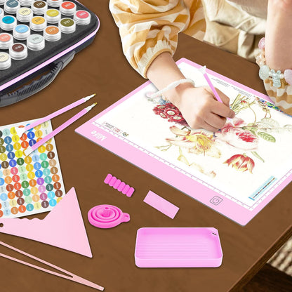Mlife Diamond Painting Storage Boxes,1 Diamond Painting A4 Light Box Tracing Light Board with 3 Brightness, 80 Slots Bead Storage with 5D Diamond Art Accessories and Tools Kit（Purple）