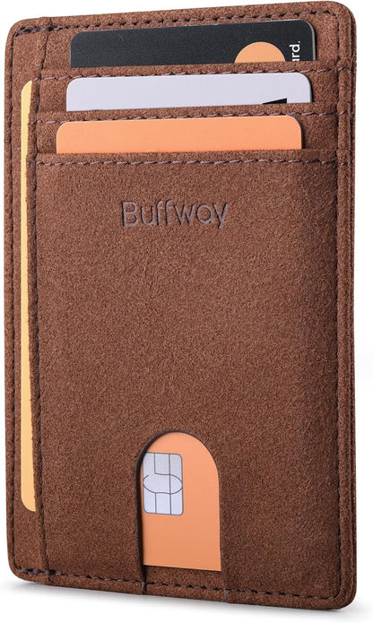 Buffway Slim Minimalist Front Pocket RFID Blocking Leather Wallets for Men and Women - Carbon Fiber Black - Colors A