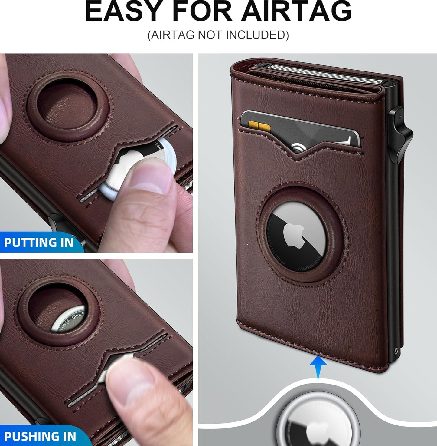 miyozi Airtag Wallet for Men,with Cash Pocket 2 ID Window 9-12 Cards,Metal Case Smart Slim Pop Up Credit Card Holder Flip with Magnetic Closure RFID Blocking Trifold wallet with Gift Box