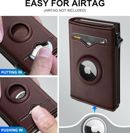 miyozi Airtag Wallet for Men,with Cash Pocket 2 ID Window 9-12 Cards,Metal Case Smart Slim Pop Up Credit Card Holder Flip with Magnetic Closure RFID Blocking Trifold wallet with Gift Box