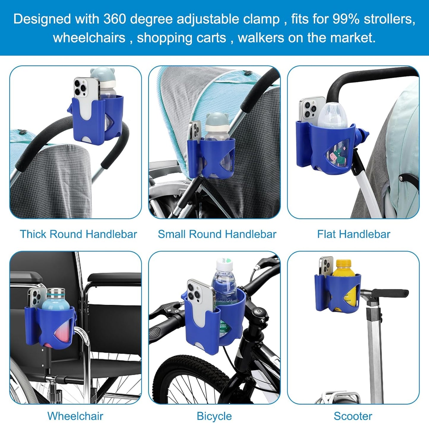 Accmor Stroller Cup Holder, Universal Cup Holder for Stroller Walker Bike, 360° Rotatable Large Caliber Designed Bottle Holder for Stroller, Bike, Wheelchair, Scooter