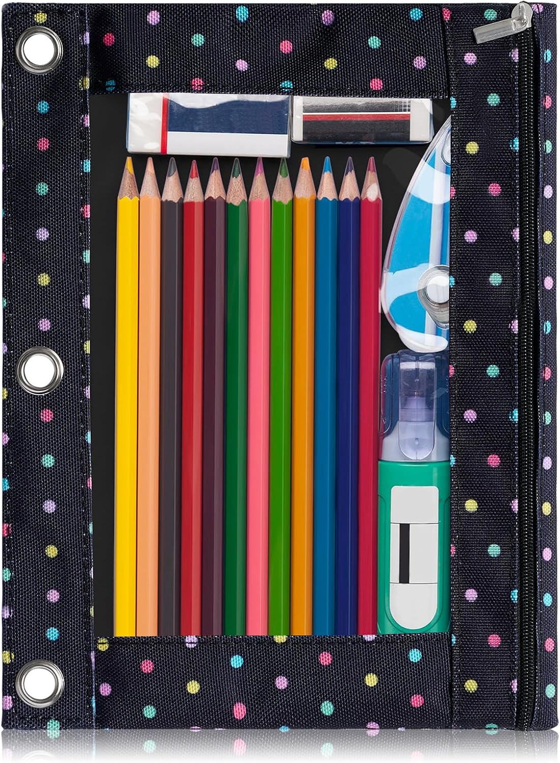 Forvencer Pencil Pouch for 3 Ring Binder, Large Pencil Case Pouch with 3 Reinforced Grommets, Pen Bag, Clear Window Pencil Case, Binder Accessories, Black