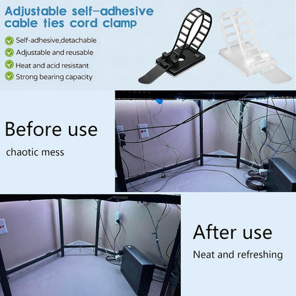 Adjustable Adhesive Cable Management Clips 50Pcs, Large self Adhesive Cable Ties Clips ，Suitable for Cable Management Under desks and on Walls(Black)