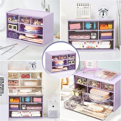 Mini Desk Storage Organizer with 6 Drawers, FODIENS Stackable Desktop Craft Drawer Cabinet, Clear Storage Box Caddy for Makeup Jewelry Office Craft Supplies (White)