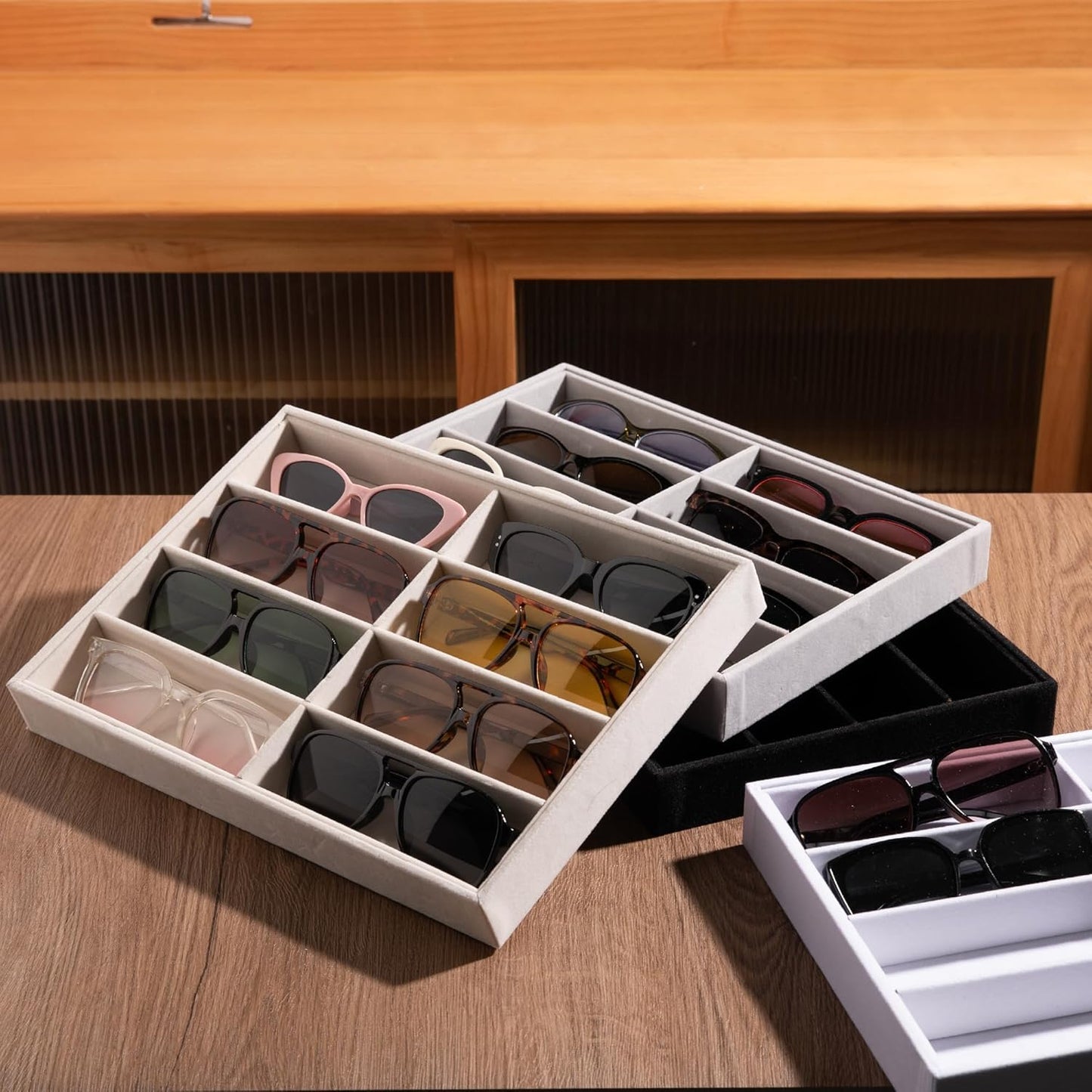 Frebeauty Sunglass Organizer,Velvet Glasses Organizer,8-Slot Sunglasses Tray for Drawer, Men's/Women's Sunglasses Box, Glasses Holder for Watch Stackable Eyeglass/Eyewear Display Tray(Beige)