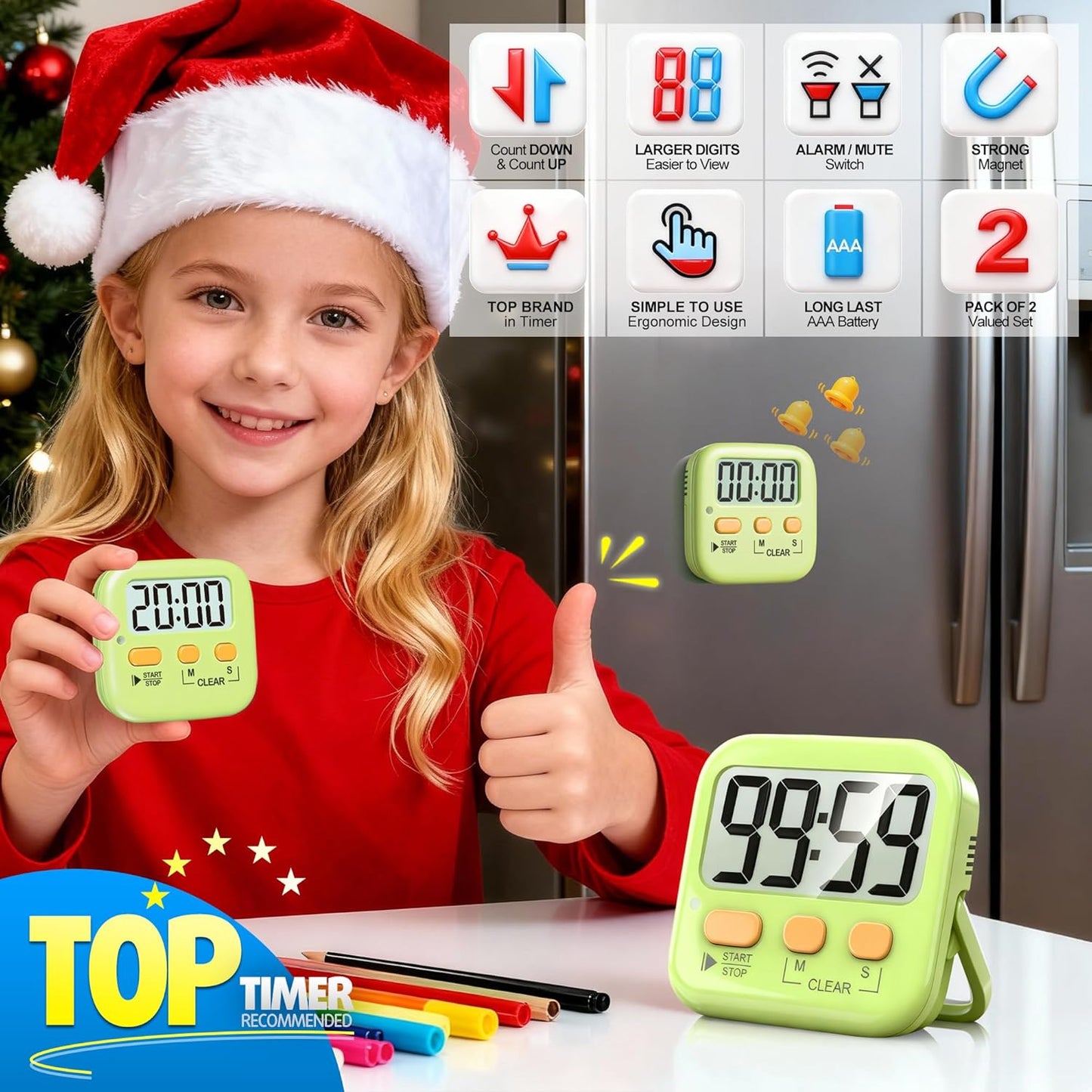 Antonki 2 Pack Digital Timer for Kids, Magnetic Countdown Kitchen Timers for Cooking, Egg, Classroom, Teacher, Exercise, Study, Oven - Battery Included