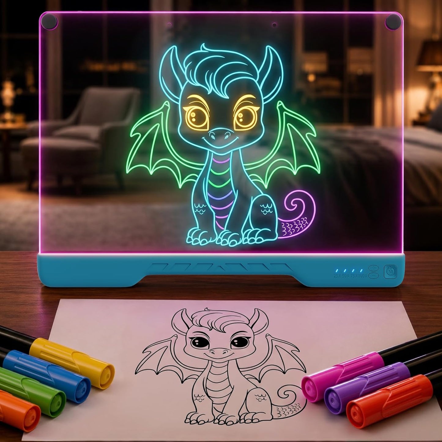Upgraded 16-Inch LED Drawing Board Rechargeable – 7 Colors, 10 Lighting Effects, Adjustable Brightness – Acrylic Light Board for Tracing with Stand, Markers & Complete Set – Birthday Gift Idea (Black)