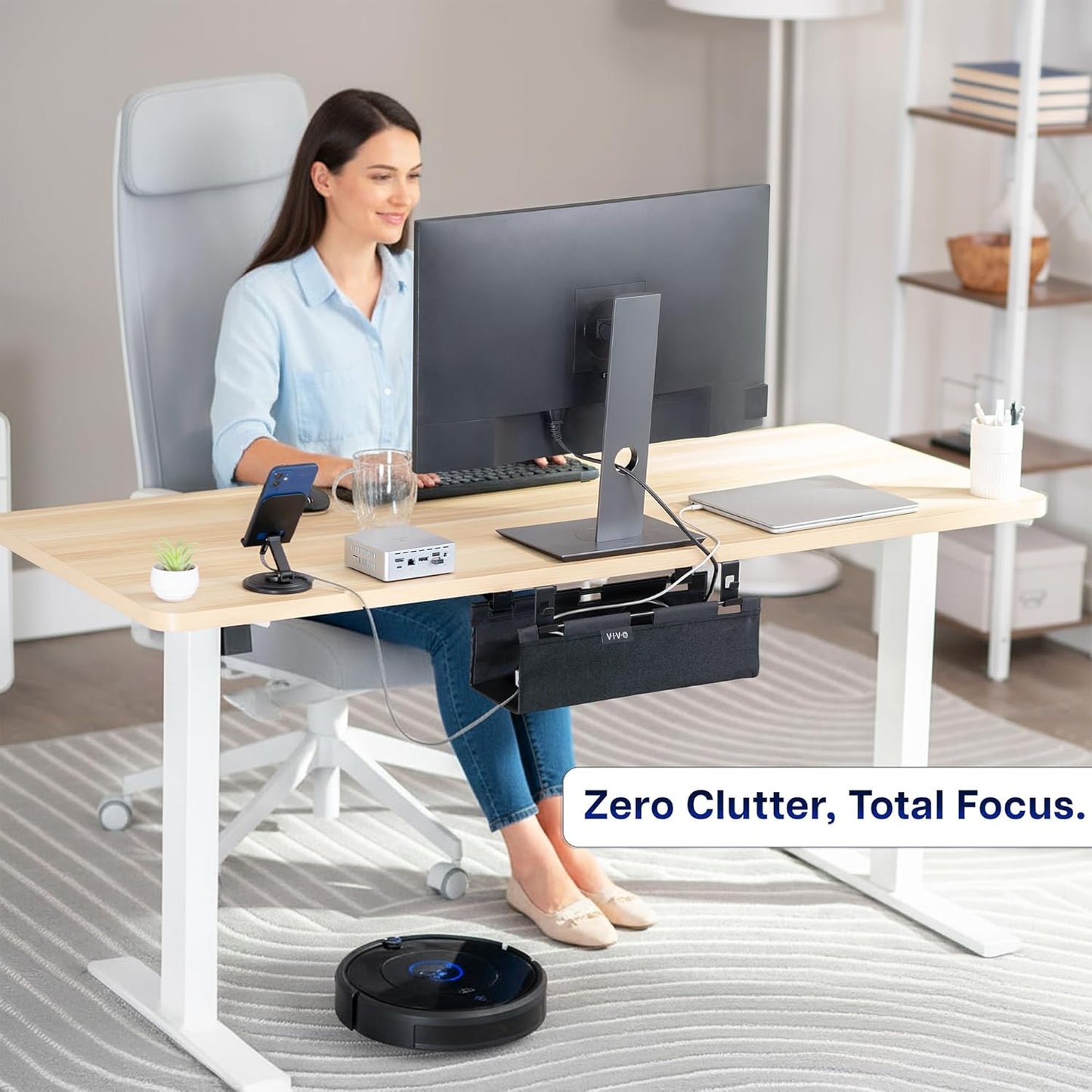 VIVO Screw-on Under Desk 16 inch Fabric Cable Management Tray, Wire Concealer, Power Strip Storage, Workspace Organization, Easy Fold Down Access, Black, DESK-AC16F-S