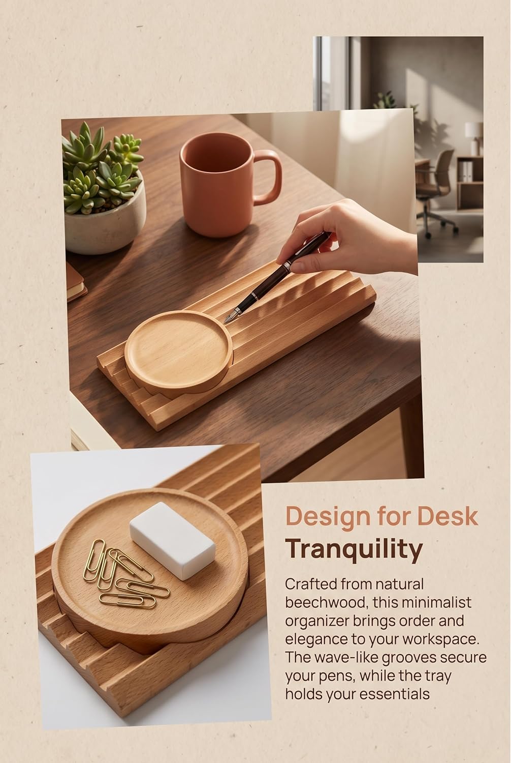 Pen Holder Wave Pen Tray Wooden Desk Organizer,Pencil Holder,Fountain Tray,Pencil Organizer for Desk (Walnut)