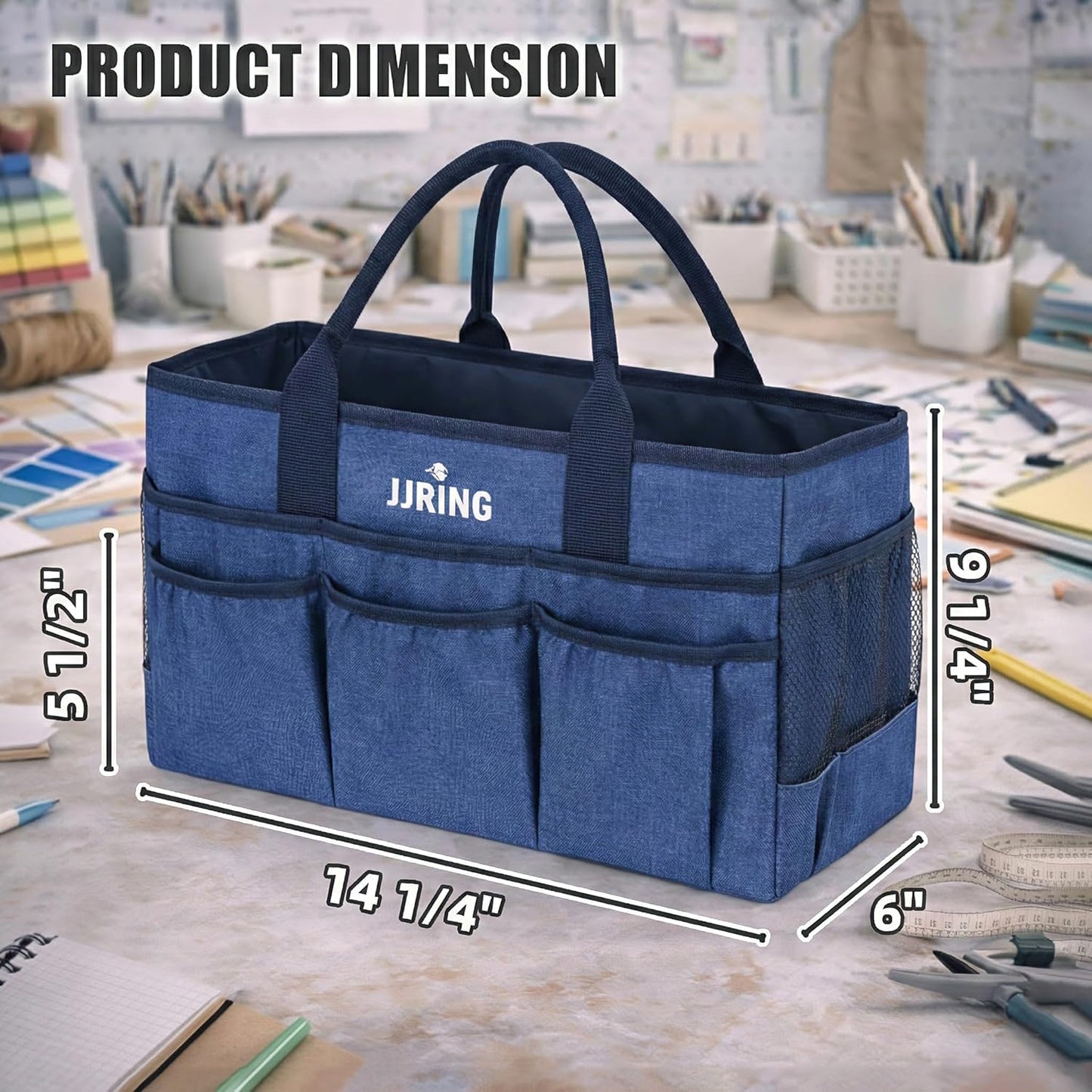 JJRING Large Art Supply Storage Tote Bag With 2 Mesh Side Pockets & Front Elastic Pockets – Sturdy Craft Organizer Caddy with Reinforced Bottom For Sewing, Scrapbooking, Teachers & Artists(Green) | Breathable Material