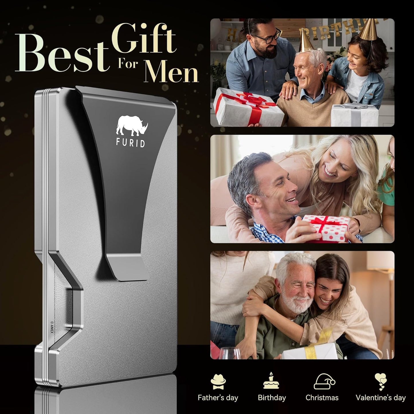 furid Airtag Wallet Men Slim: Metal Wallets with Airtag Holder, Air Tag Wallet for Men with 2 Money Clip Replaceable Gift Boxed