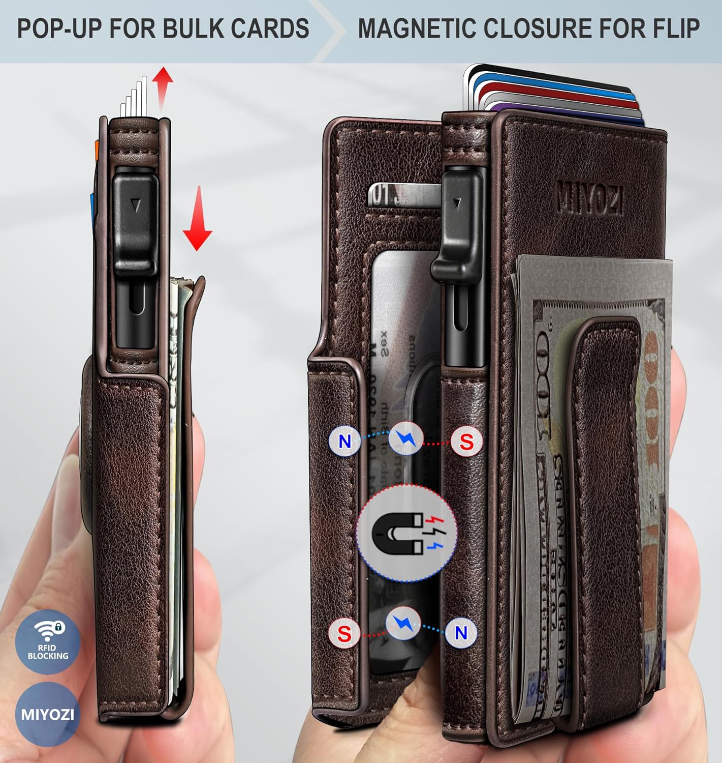 miyozi Airtag Wallet for Men,with Money Clip 10 Cards Metal Case Smart Slim Pop Up Credit Card Holder Flip with Magnetic Closure RFID Blocking wallet with Gift Box