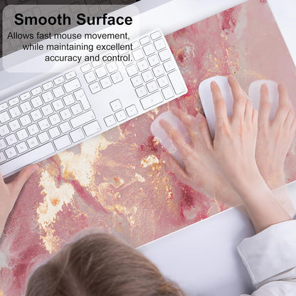 QIYI Large Mouse Pad, Cute Pink Desk Mat for Desktop, Women Girls PU Leather Desk Pad Waterproof Gaming Mousepad, Rose Gold Marble Computer Protector Writing Pad for School Office Home 31.5" x 15.7"