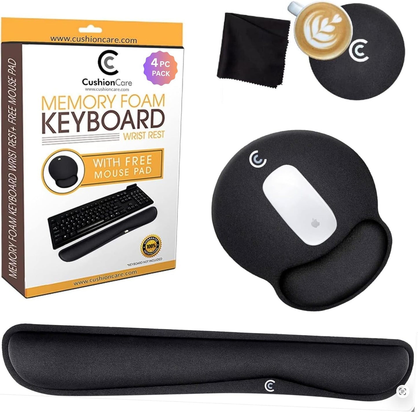 4pc Premium Wrist Rests for Keyboard and Mouse Pad Set - Memory Foam Cushion, Black - Ergonomic Wrists Hand Arm Rest Support for Laptop Computer Desk and Gaming - Carpal Tunnel Syndrome Relief