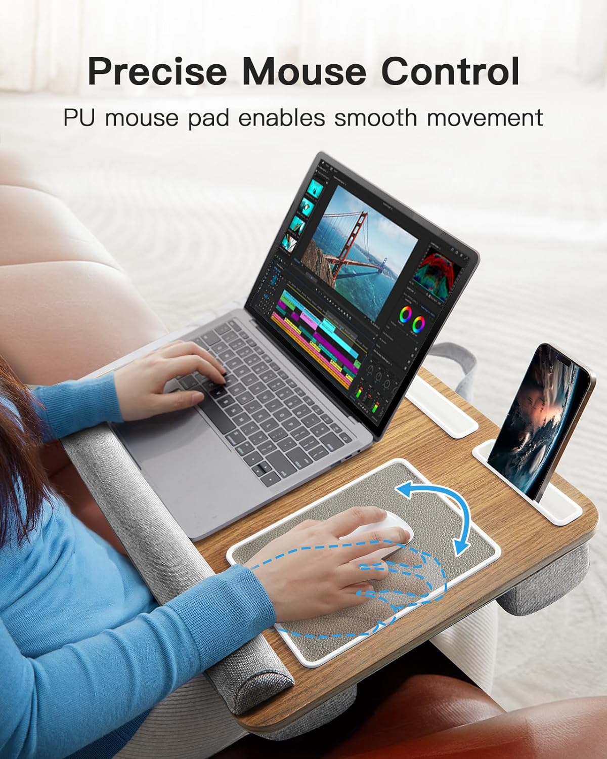 HUANUO Lap Desk - Fits up to 17 inches Laptop Desk, Built in Mouse Pad & Wrist Pad for Notebook, Laptop, Tablet, Lap Stand with Tablet, Pen & Phone Holder, Wood Grain