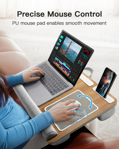 HUANUO Lap Desk - Fits up to 17 inches Laptop Desk, Built in Mouse Pad & Wrist Pad for Notebook, Laptop, Tablet, Lap Stand with Tablet, Pen & Phone Holder, Wood Grain