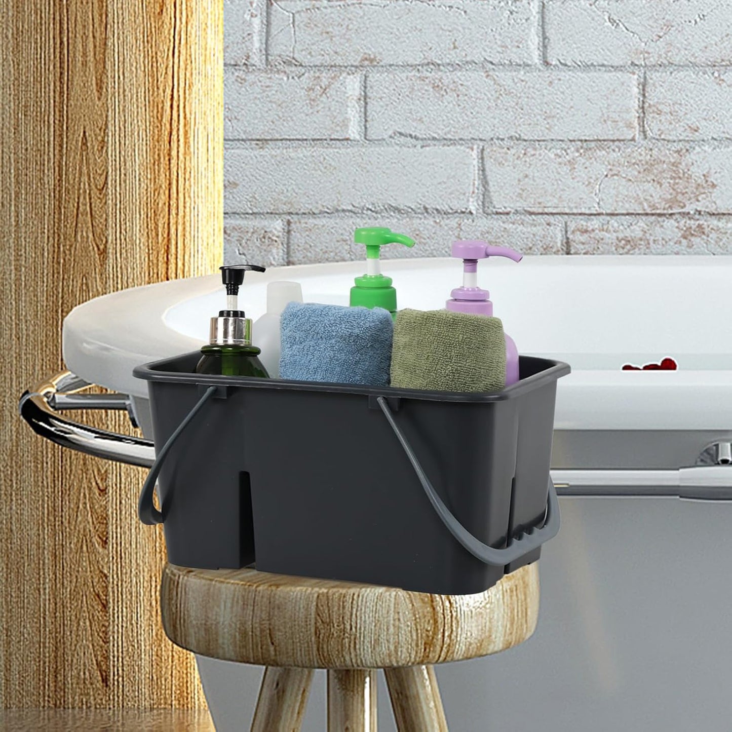 Ramddy 4 Compartment Plastic Caddy for Cleaning Supplies, Carry Caddy Organizer with Handle, Gray, 1 Pack