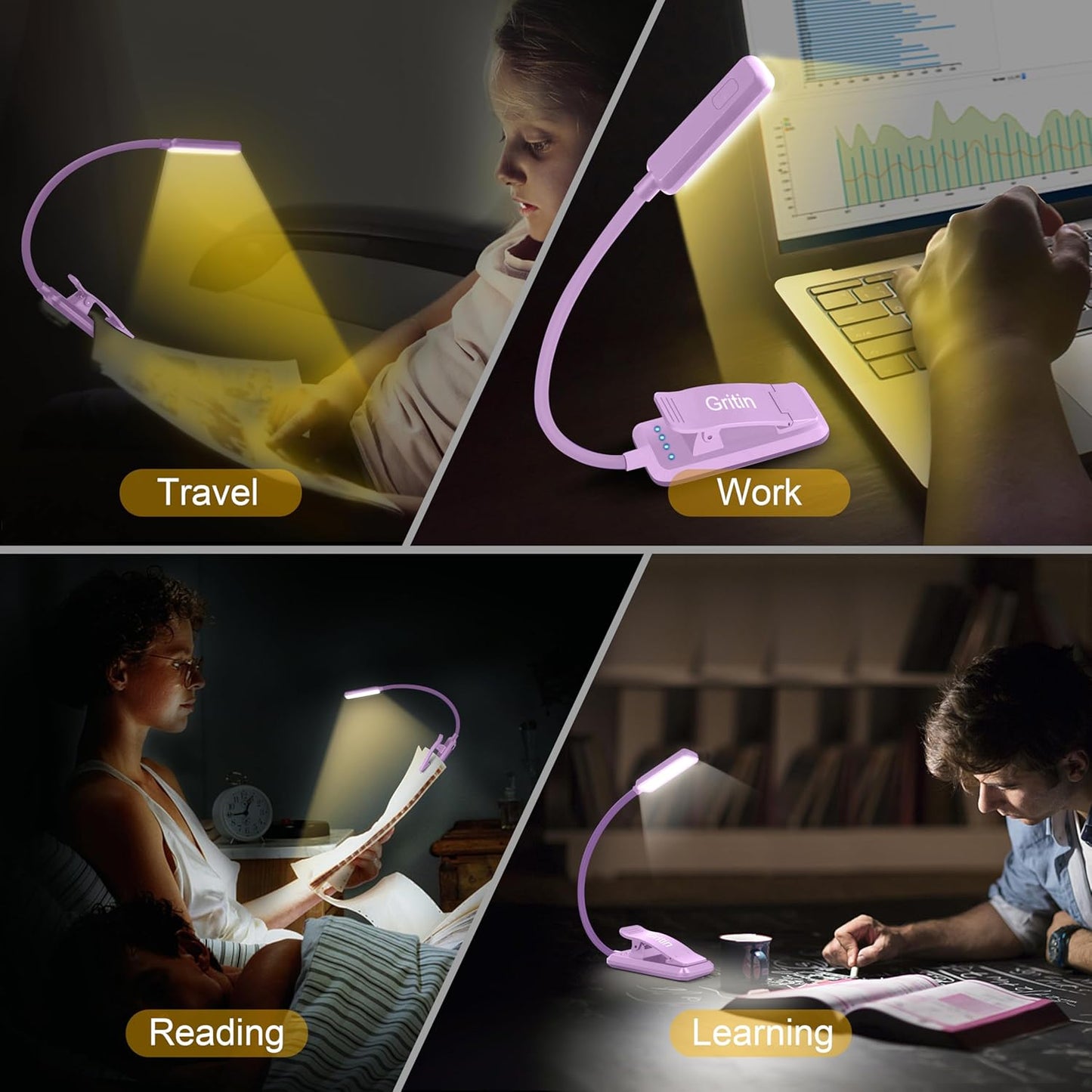 Gritin 9 LED Rechargeable Book Light for Reading in Bed - Eye Caring 3 Color Temperatures,Stepless Dimming Brightness,80 Hrs Runtime Small Lightweight Clip On Book Reading Light for Studying