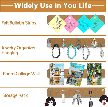 Felt Pin Board Bar Strips Bulletin Board for Bedrooms Offices Home Wall Decoration, Notice Board Self Adhesive Cork Board with 35 Push Pins for Paste Notes, Photos, Schedules