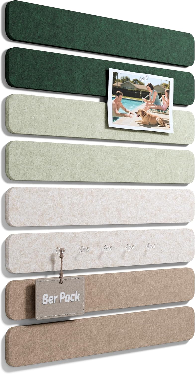 Fluxynara Cork Board Alternative Felt Strip Board 8-Pack 13"x2", Office Pin Board with 50 Push Pins, Adhesive Install for Bedroom Door & Home Office(Linen Dusk)