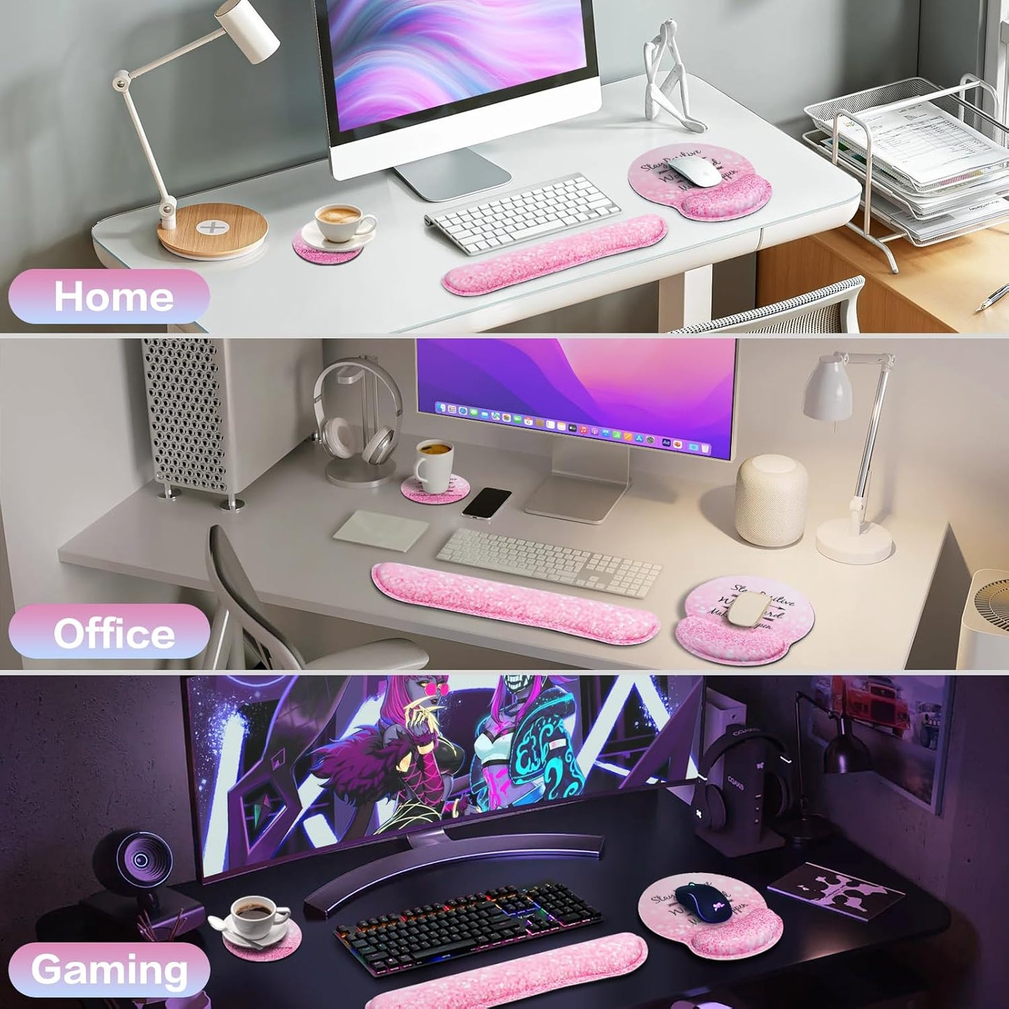 Ergonomic Keyboard Wrist Rest, Mouse Pad with Wrist Rest Anime, Cat Gaming Mousepad with Wrist Support, Memory Foam Wrist Rest Set for Computer Keyboard, Funny Cute Office Desk Accessories