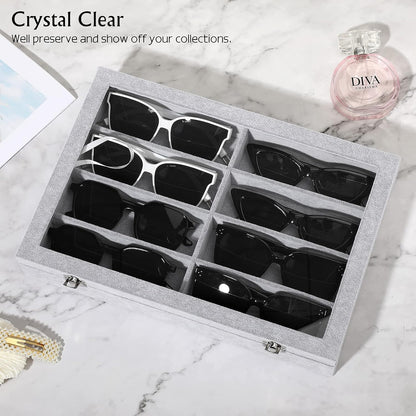 Emibele Glasses Organizer Jewelry Tray, 8 Grids with Clear Lid Velvet Tray Watch Storage Stackable Jewelry Showcase Display Storage with Detachable Inner Dividers, Beige