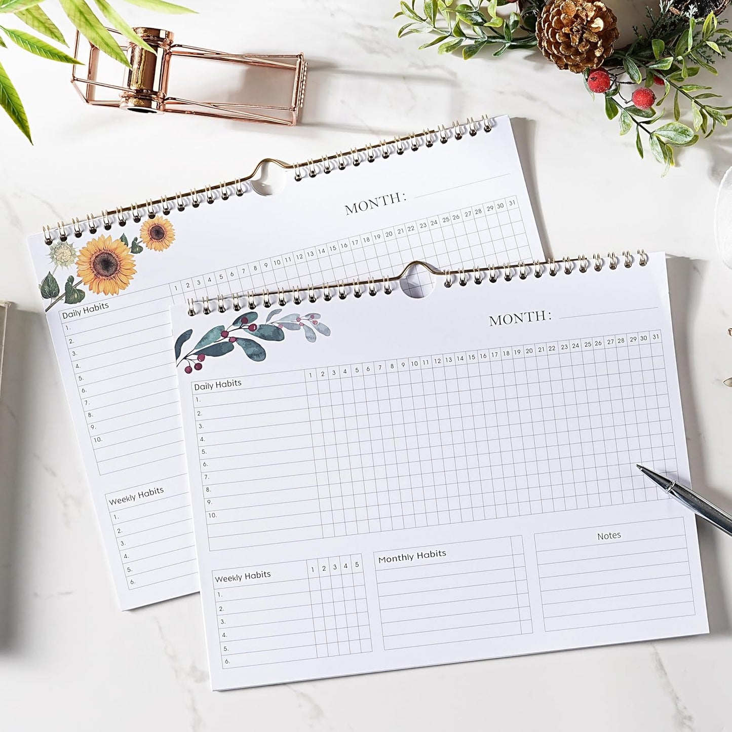 Habit Tracker Calendar - 12 Months Undated Daily Planner, 8"x10", Weekly & Monthly Period Habit Tracker Journal, Floral, Spiral Binding with Writable Goals Habits Track