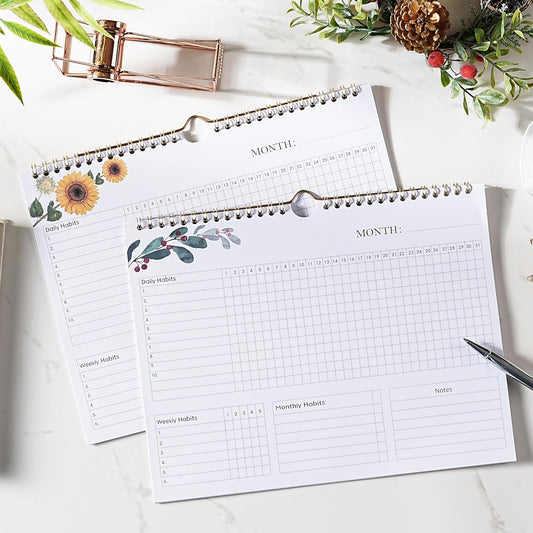 Habit Tracker Calendar - 12 Months Undated Daily Planner, 8"x10", Weekly & Monthly Period Habit Tracker Journal, Floral, Spiral Binding with Writable Goals Habits Track