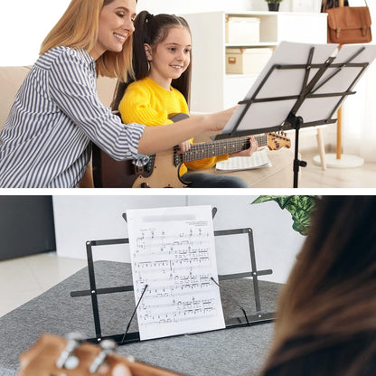 CAHAYA Portable Sheet Music Stand: Dual Use Desktop Book Holder Folding Lightweight Extra Stable Reinforced with Carrying Bag and Clip for Students Musicians Height Adjustable up to 54.3" CMS0204