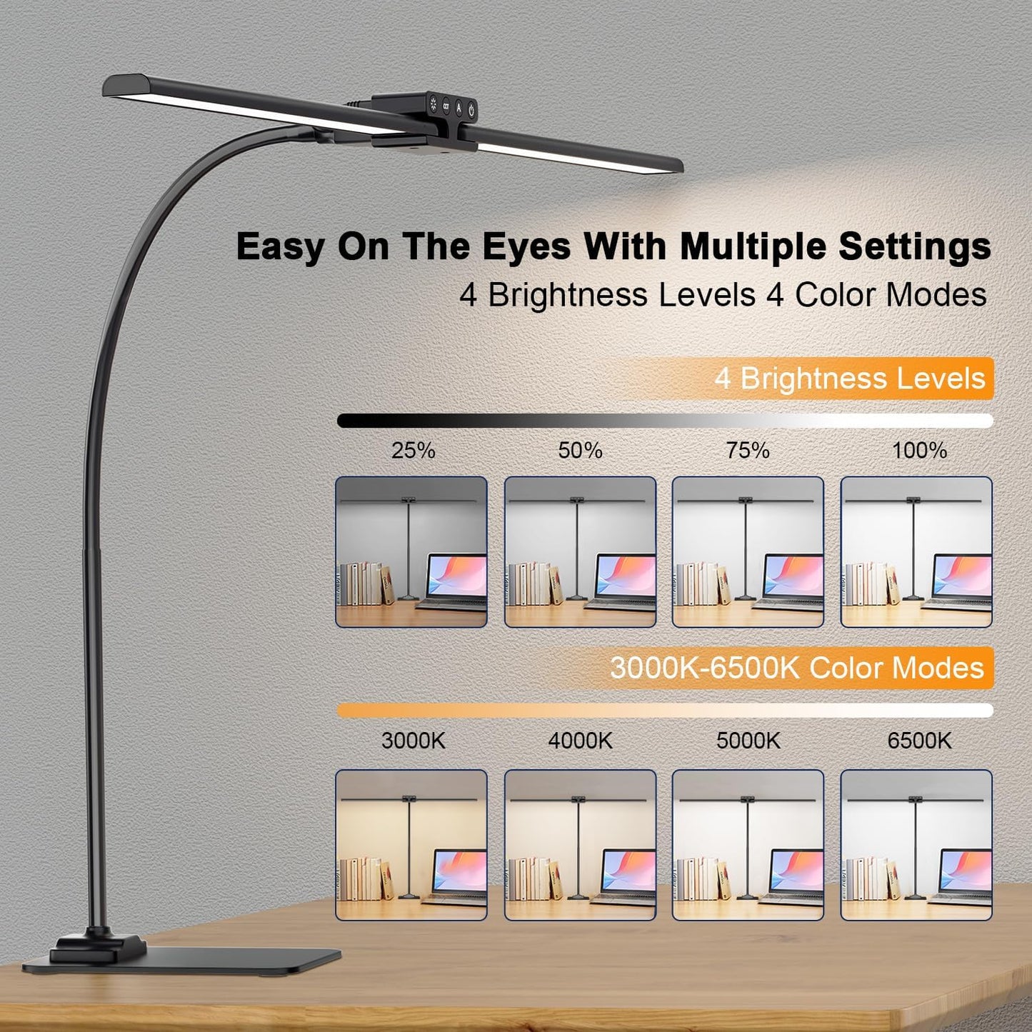 EppieBasic Desk Lamp,24W Led Desk Lamps with Clamp,Double Head Desk Light for Home Office, Architect Desktop Lamp Eye Care Workbench Office Table Light for Monitor Studio Reading
