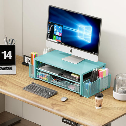 OPNICE Wood Desk Organizers and Accessories, 2-Tier Computer Monitor Stand Riser with Drawer and 2 Pen Holders, Laptop Stand, Office Desk Accessories for Office Supplies, Brown