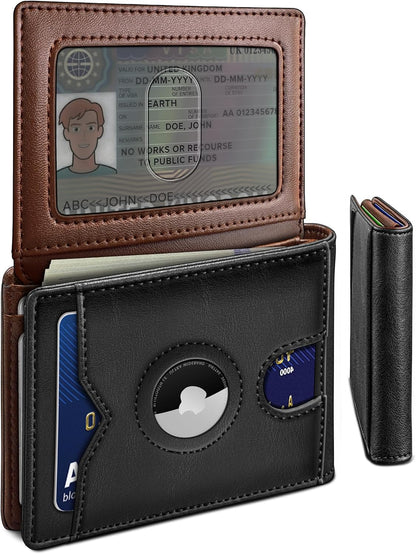 miyozi AirTag Wallet for Men, Slim Leather Bifold with Holder Slot, 2 ID Windows & 13 Card Slots, RFID Blocking Front Pocket Wallet with Gift Box