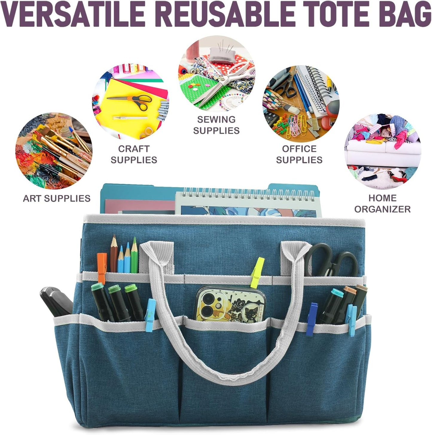 Cupohus Art Organizer Craft Storage Tote Bag with Pockets and Handles, Oxford Fabric Carrying Caddy for Teacher, Officer, Artist, Traveler –Purple