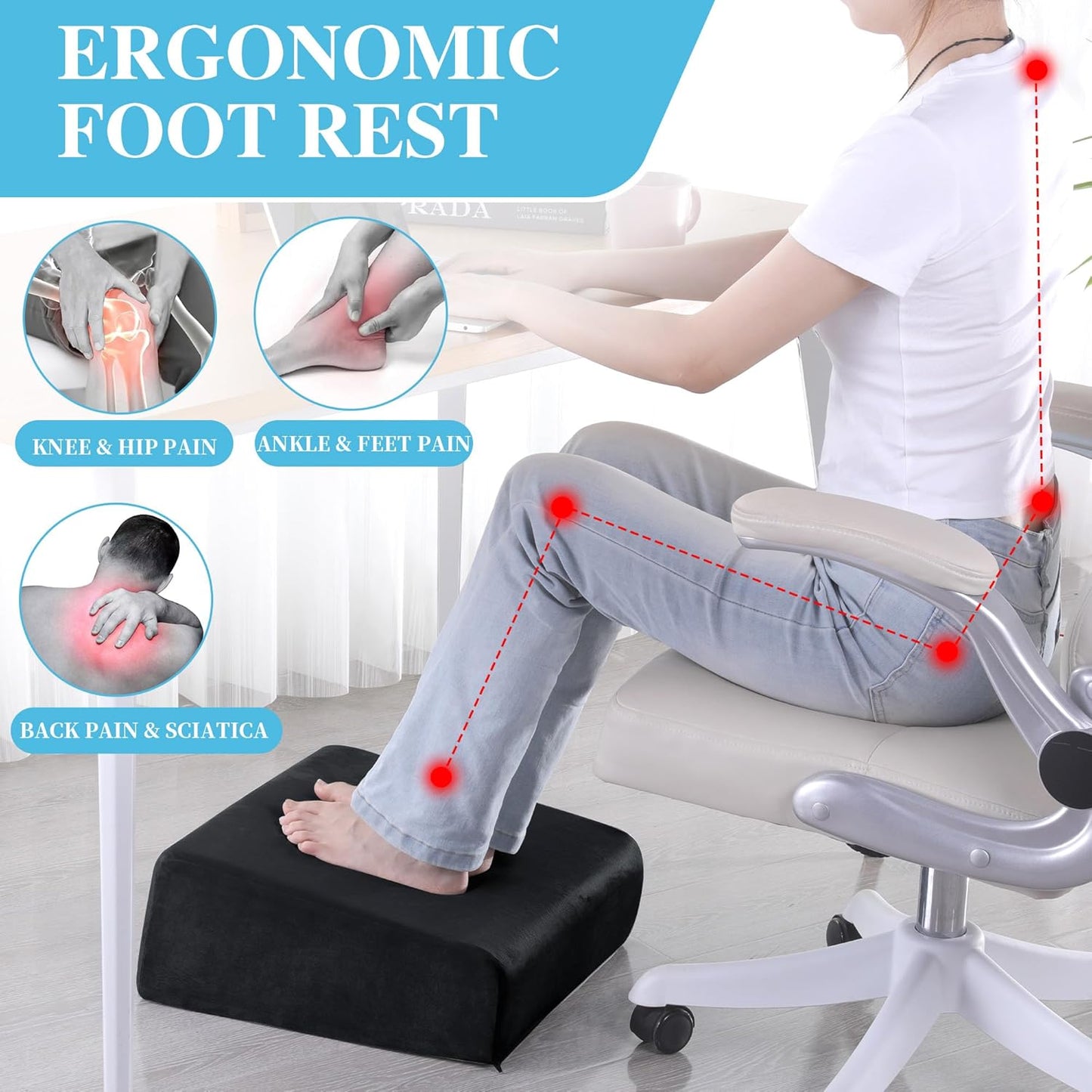 ROYALAY Adjustable Foot Rest Under Desk for Office, High-Density Foam Foot Rest with 3 Adjustable Heights, Ergonomic Footrest with Washable Cover for Home, Airplane, Travel(17 * 11 * 17in, Gray)