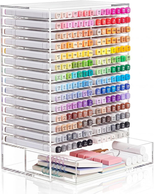 MotiMind Acrylic Marker Organizer with Drawer for 196 Markers, Large Art Marker Storage Rack with 28 Slots, Vertical Pen Holder Shelf for Art, Pens, Classroom Office Decor