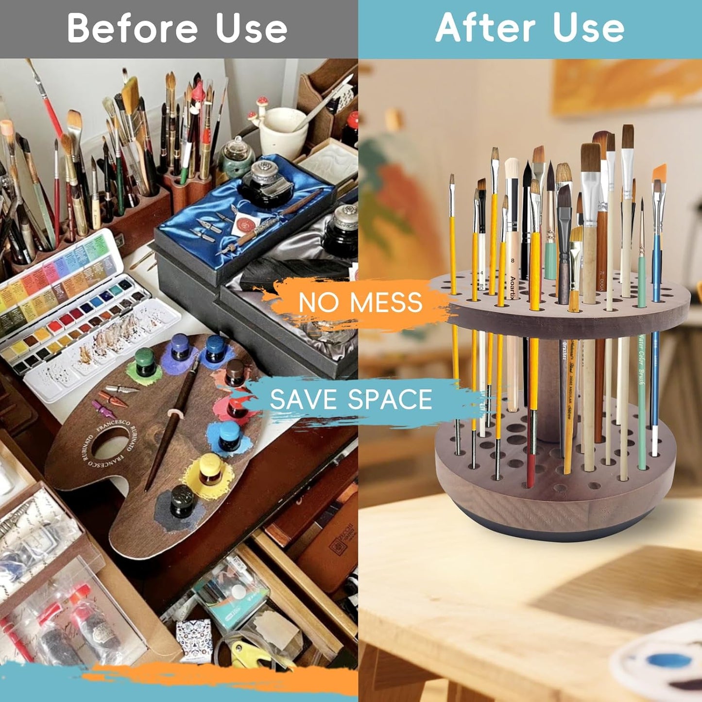 360 Degree Friction-Free Rotating Paint Brush Holder, 52 Multi-Size Hole Natural Hardwood Storage Stand, Space-Saving Desktop Organizer for Artist, Watercolor, Makeup Brushes and Craft Tools (brown)