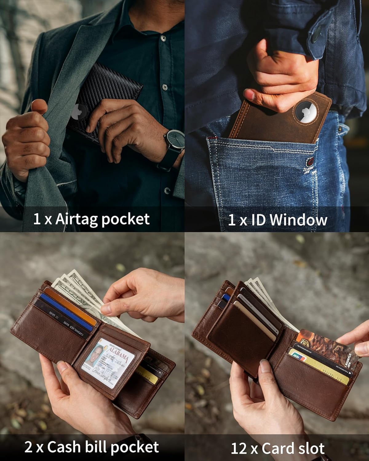 Mens Wallet With AirTag Holder, Bifold Leather RFID Blocking 1-2 ID Windows 12-13 Card Holders, Gift Box and Screen Protector Included, AirTag Not Included