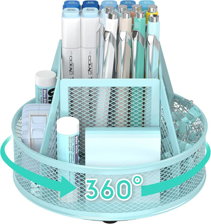 YINGHUA Metal Mesh Desk Organizer with 5 Compartments and Rotating Pencil Holder Pen and Stationery Organizer for Office Home School Anti Slip Base Black