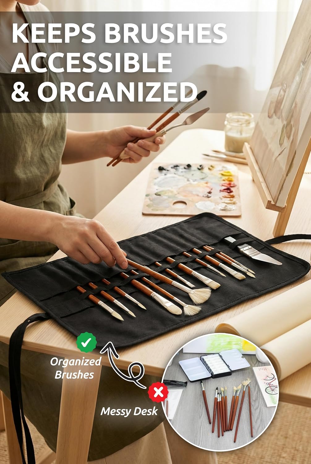DUGATO 30-Slot Roll-Up Paint Brush Holder, Premium Canvas Brush Organizer for Artists, Washable Travel Brush Case for Watercolor, Acrylic, Pens & Art Supplies (Army Green) - Brushes not Included