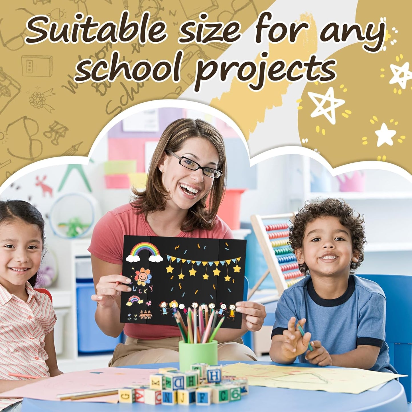 PSHVYM 4 Pcs Trifold Poster Board, 26 x 17 inches Poster Board with Double Sided Tapes and Cardboard, Corrugated Presentation/Display Board for School Project, Science Fair, Business