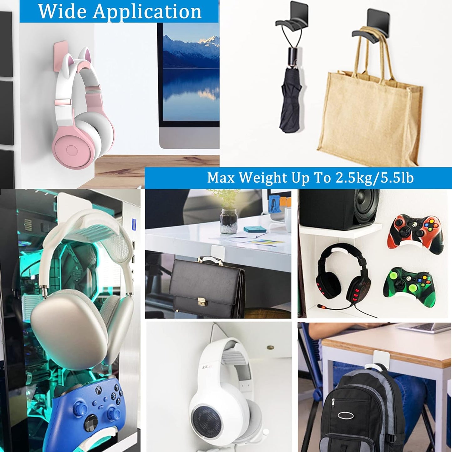 SOKUSIN Headphone Stand Headset Holder - Adhesive Gaming Earphones Hanger, Universal Desk Wall Mount Hook for All Headphone/Controller, Compatible with Beats, AirPods Max,Sony, JBL (White)