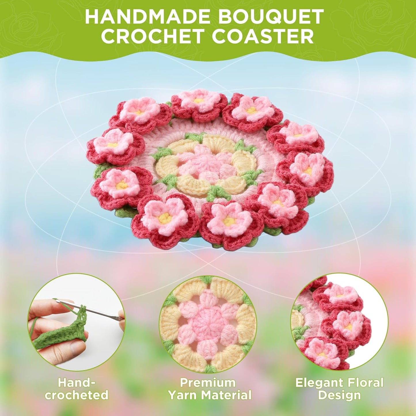 Flower Crochet Coasters, Handmade Bouquet Blanket Coaster with Crochet Plant Pot Fun Soft Decorative Drink Coasters for Coffee Tabletop Protection and Home Decor (Pink, 1Pc)