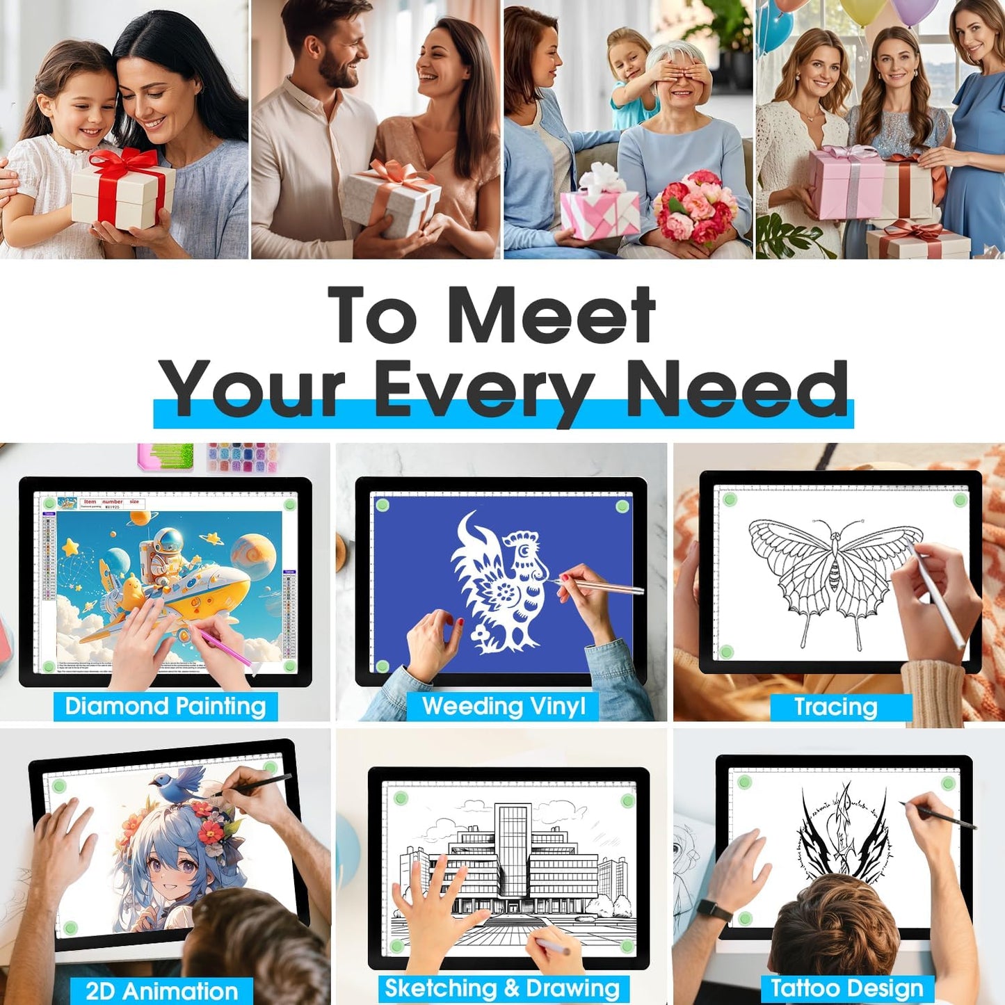 Rechargeable A3 Light Pad with Carry Bag, High-Brightness Tracing Light Box with 6 Levels of Brightness, Side Physical Buttons & 3 Colors, Wireless Light Board for Diamond Painting, Drawing, Sketching