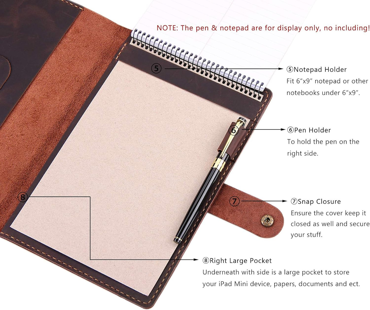 Robrasim Leather Cover for 6"x9" Steno Notebook, Leather Folio Cover Compatible with 6x9 Spiral Steno Pads, A5 Notebook Organizer with Pen Loop - Brown