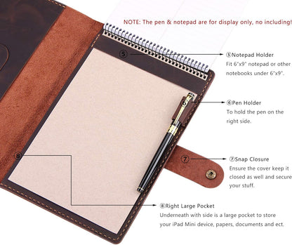 Robrasim Leather Cover for 6"x9" Steno Notebook, Leather Folio Cover Compatible with 6x9 Spiral Steno Pads, A5 Notebook Organizer with Pen Loop - Brown