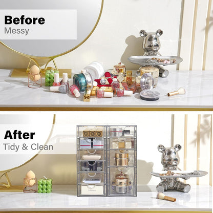 Prsildan Acrylic Drawer Makeup Organizer with 6 Drawers (Not for Baby Bottle), Set of 2 Office Desk Organizers Accessories, Clear Stackable Storage Drawers for Vanity, Craft (Largest Drawer 4" Tall)