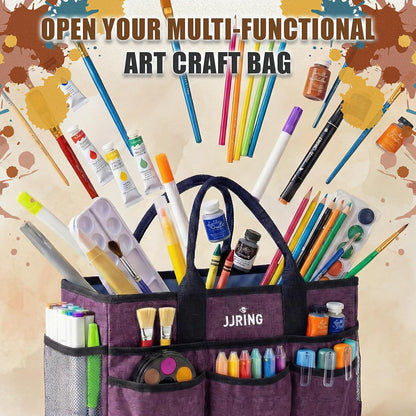 JJRING Large Art Supply Storage Tote Bag With 2 Mesh Side Pockets & Front Elastic Pockets – Sturdy Craft Organizer Caddy with Reinforced Bottom For Sewing, Scrapbooking, Teachers & Artists(Green) | Breathable Material